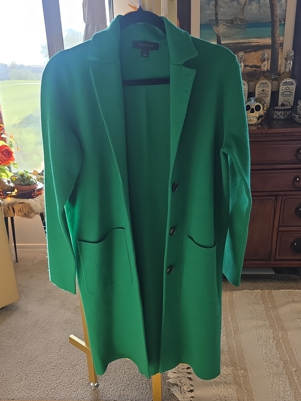 Ann Taylor Bright Green Long Knit 3 Button Cardigan Relaxed XS
